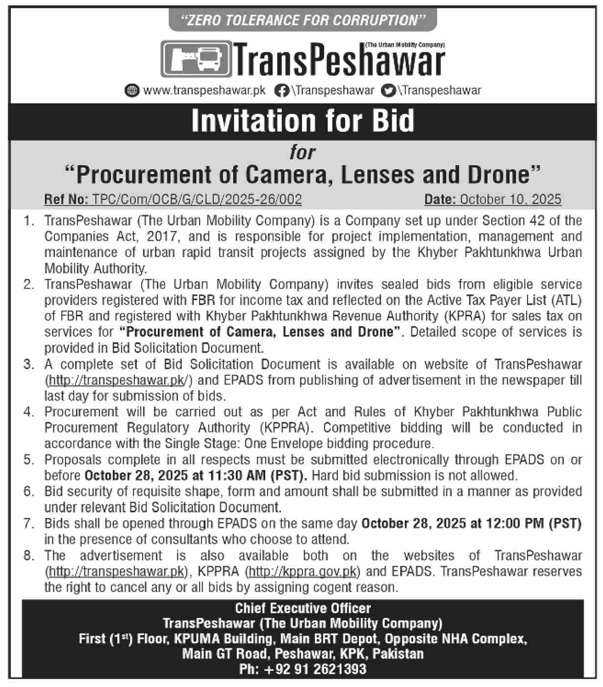 TransPeshawar Tender Notice